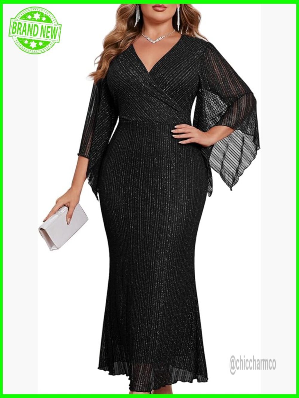 Plus Size Sparkly Formal Dress Lace Maxi V Neck Mermaid Cocktail Evening